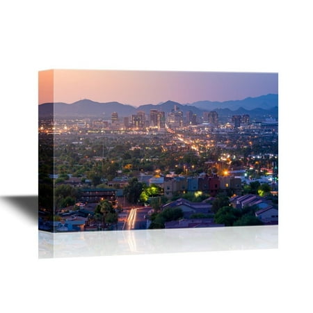 wall26 - USA City Skyline Canvas Wall Art - Top View of Downtown Phoenix Arizona at Sunset in USA - Gallery Wrap Modern Home Decor | Ready to Hang - 32x48