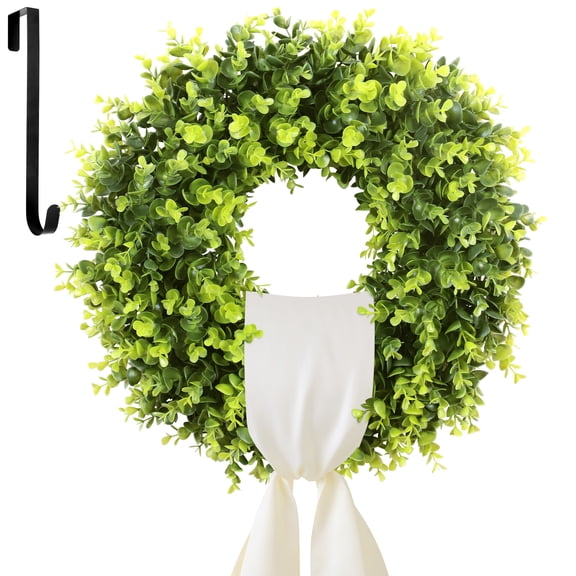 HKKDKTA 20'' Boxwood Wreath, Artificial Boxwood Wreaths for Front Door, Spring Summer Green Wreath with Wreath Sash Indoor Outdoor Home Decor