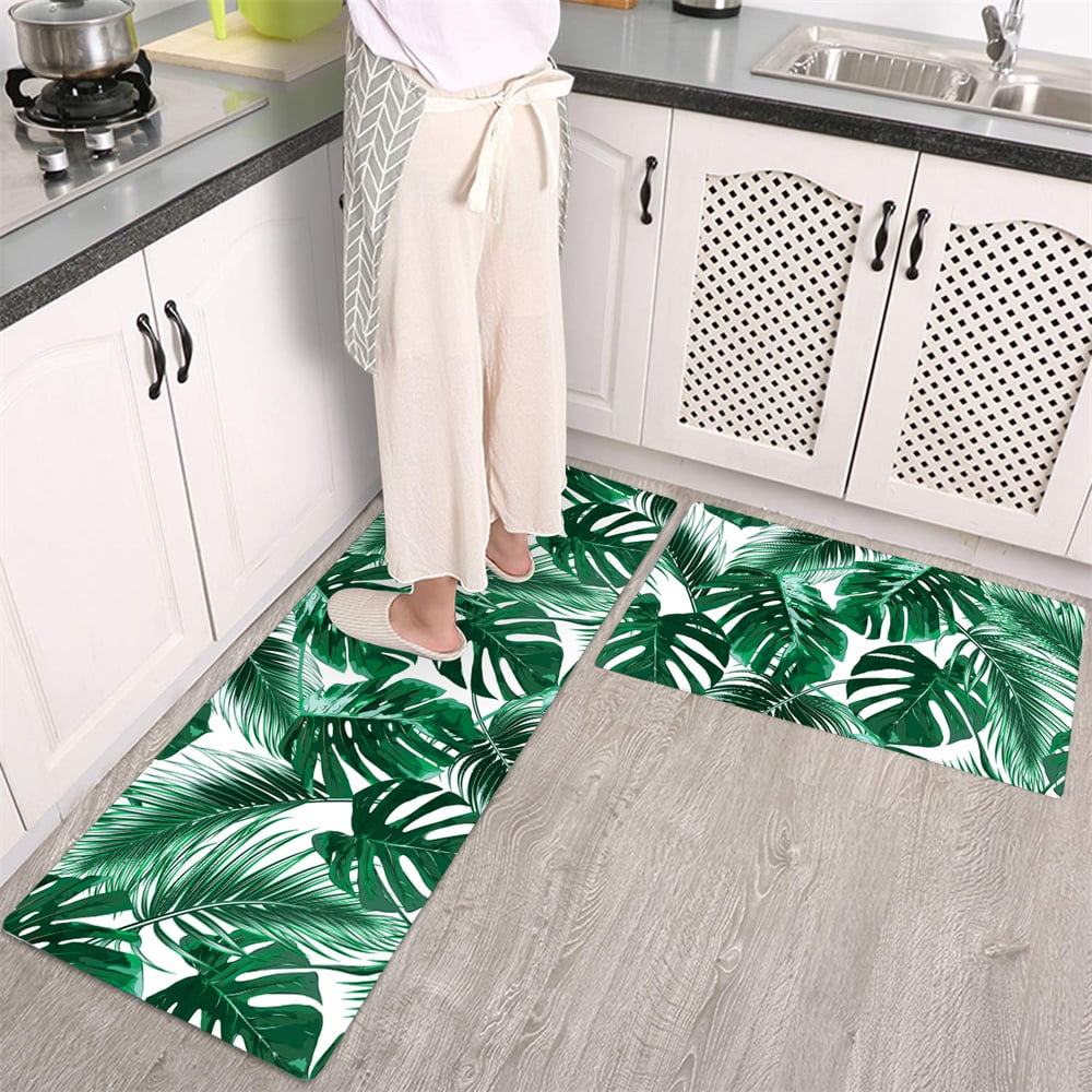 Kitchen Mat Rug Green Palm Leaves Tropical Plants Non Slip PVC Leather