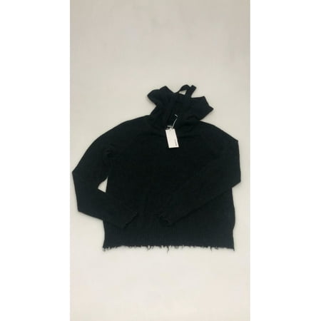 MINNIEROSE Womens Black Tie Ribbed Distressed Hem And Cuffs Long Sleeve Hoodie Sweater M