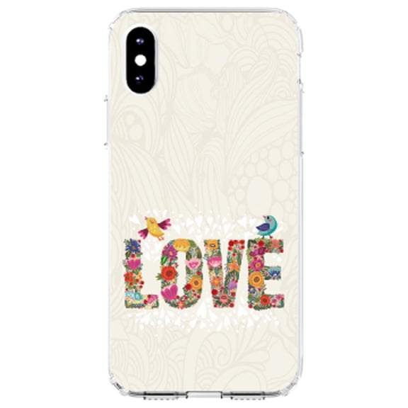 DistinctInk Clear Shockproof Hybrid Case for iPhone X / XS (5.8" Screen) - TPU Bumper, Acrylic Back, Tempered Glass Screen Protector - Spring Collection - Floral LOVE Birds