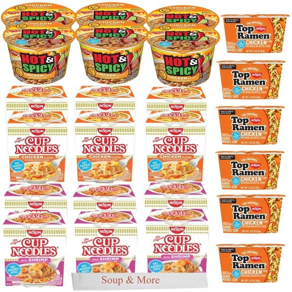 Nissin Cup Noodles Soup Instant Cup 24 Count, 6 Hot & Spicy Chicken Bowl, 6 Chicken Cup, 6 Top Ramen Chicken Bowl, 6 Shrimp Soup Lunch / Dinner Variety, 4 Flavors