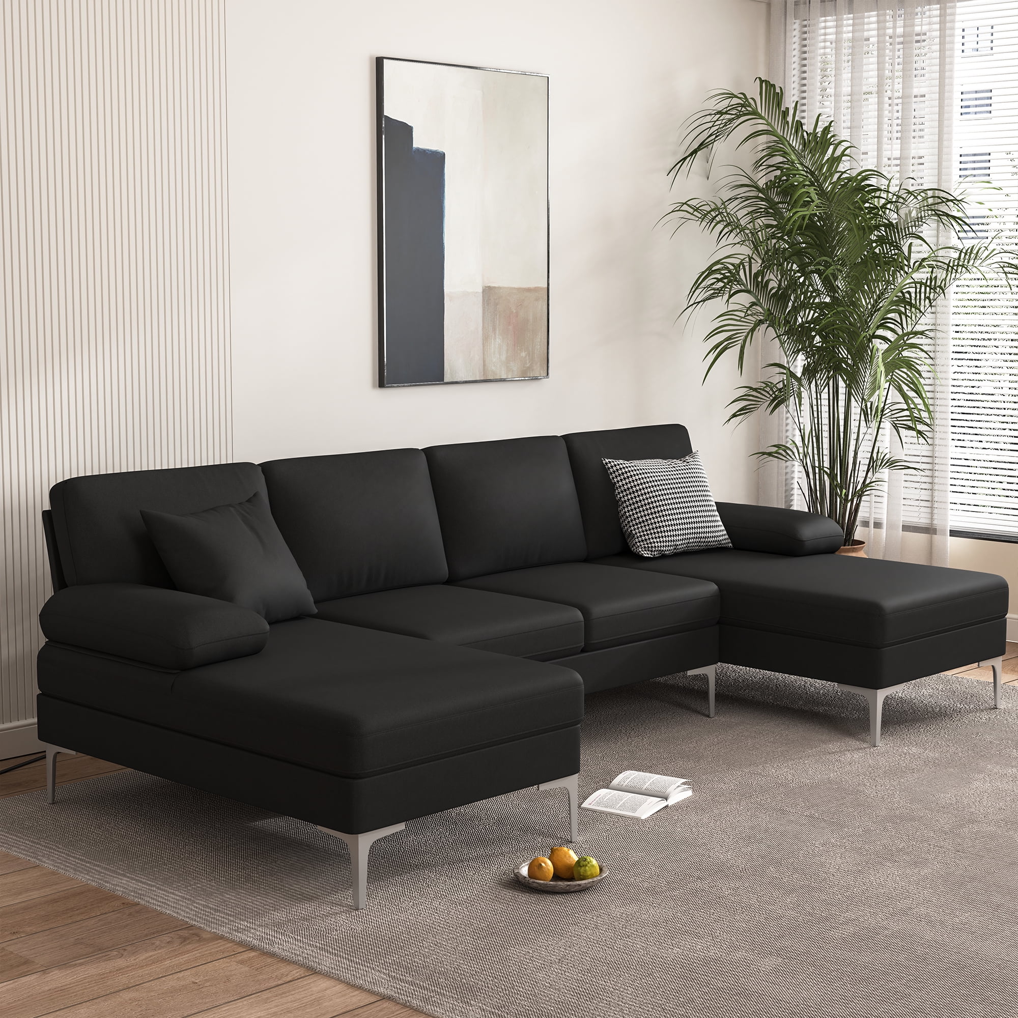 Spaco Mid-Modern Century U-Shape Sofa Sectional Couch Reversible Chenille Chaise Sleeper, Black