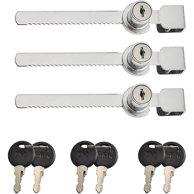 cerradura para puerta corrediza de vidrio para vitrina de terrario (3 piezas), pestillos con 6 llaves Conjunto de tres pestillos de aleación de zinc con acabado cromado; cada pestillo tiene una barra dentada y cilindro giratorio. Se muestran seis llaves negras extraíbles y almohadillas de montaje para instalación sin taladro, apto para cerradura deslizante y protección de vitrinas y armarios de vidrio.