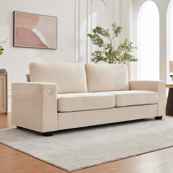 Modern Chenille Fabric Loveseat Sofa Couch with USB & Type-C Charging Ports - Wide Armrests, Removable Washable Covers, Sturdy Wood Frame - Perfect for Living Room, Apartment, or Small Spaces