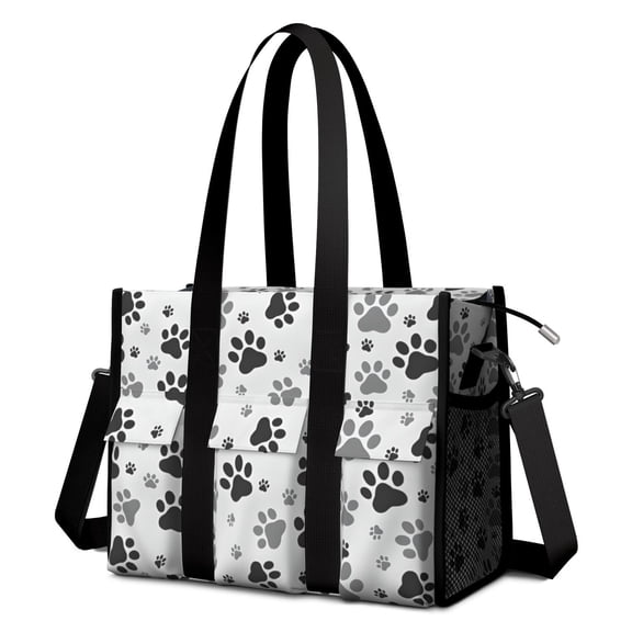 Teacher Tote Bag,Grey Dog Paw Footprint Teacher Utility Tote Bag,Large Work Tote Bags for Women with Multiple Pockets,Top Zipper Closure,13.8x10.6x6.7 Inch