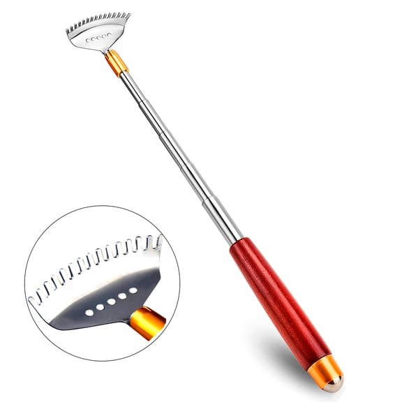 Telescoping Metal Back Scratcher with Long Wood Handle/ Wide Claw/ Massage Roller