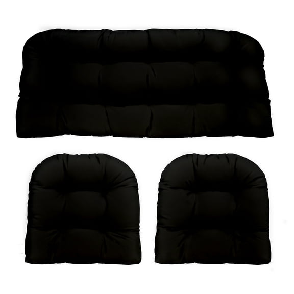 RSH Decor: 3-Piece Wicker Tufted Cushion Set | Standard | All-Weather Spun Fabric | Black