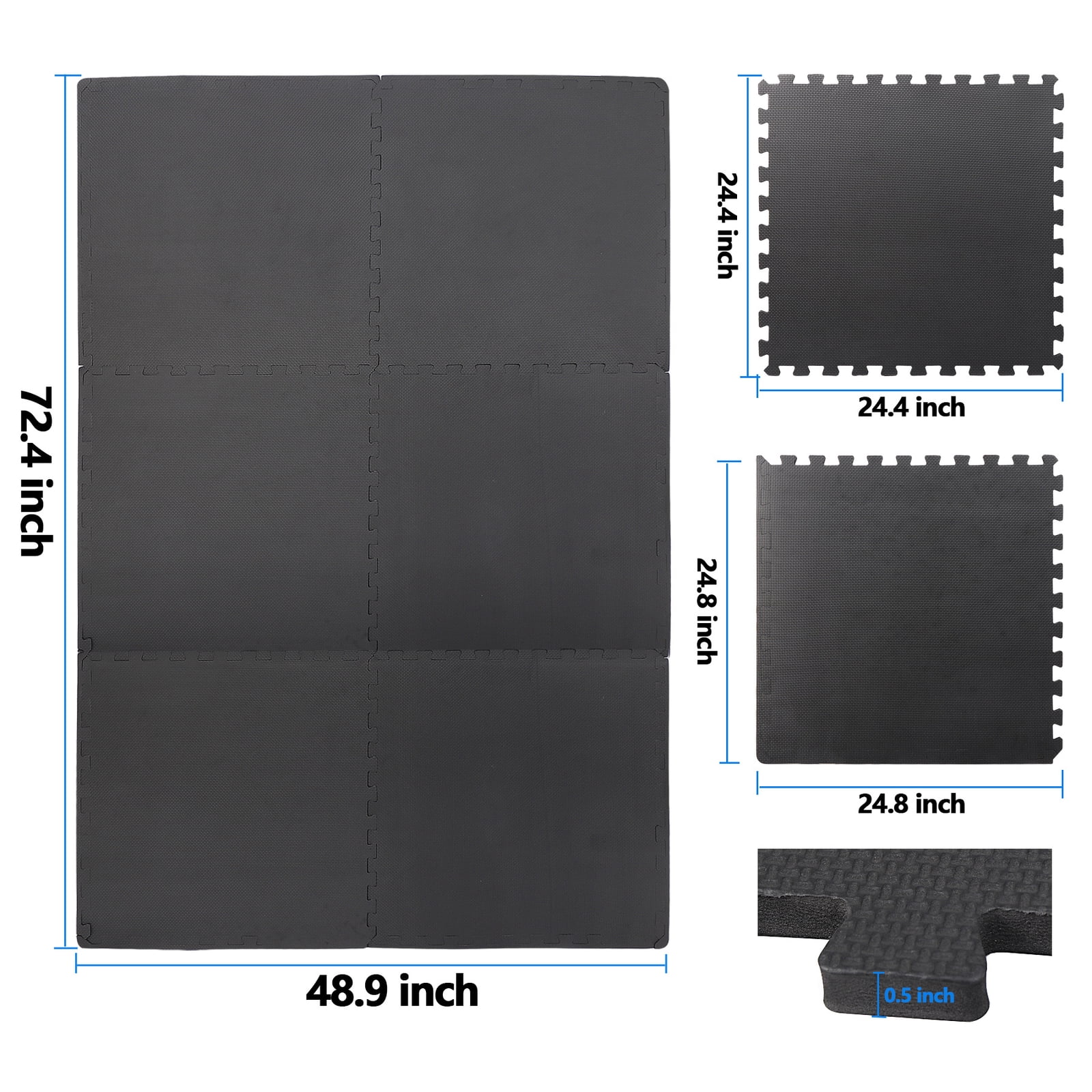 Interlocking EVA Foam Floor Mats 24"x24", 6-Piece Set, Shock-Absorbing, Non-Slip, Waterproof Exercise Tiles for Home Gym, Workout, Martial Arts & Playroom, Lightweight 4 Sq. Ft per Tile – Black