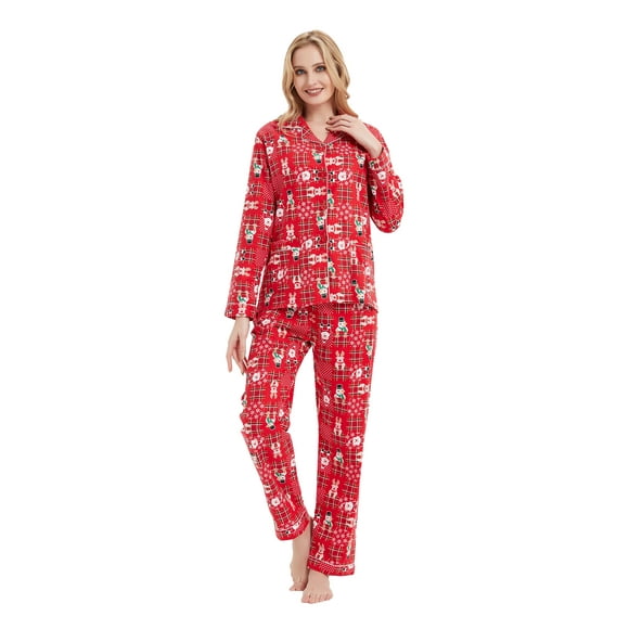 GLOBAL Conjunto de Pijama de Franela para Mujer, Pijama 100% Algodón para Mujer, Ropa de Estar por Casa, Manga Larga, Botón, Cordón en la Cintura, Ropa de Dormir Cálida, Rojo Navidad L