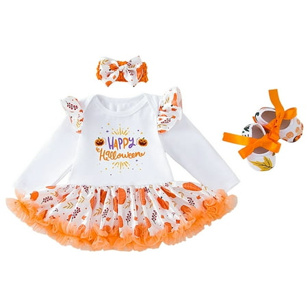 

Bodysuits For Girls Toddler Baby Kids Girls Pumpkin Romper Dress Shoes Hairband Set&Outfits Girls Bodysuits(Size:12-18 Months)