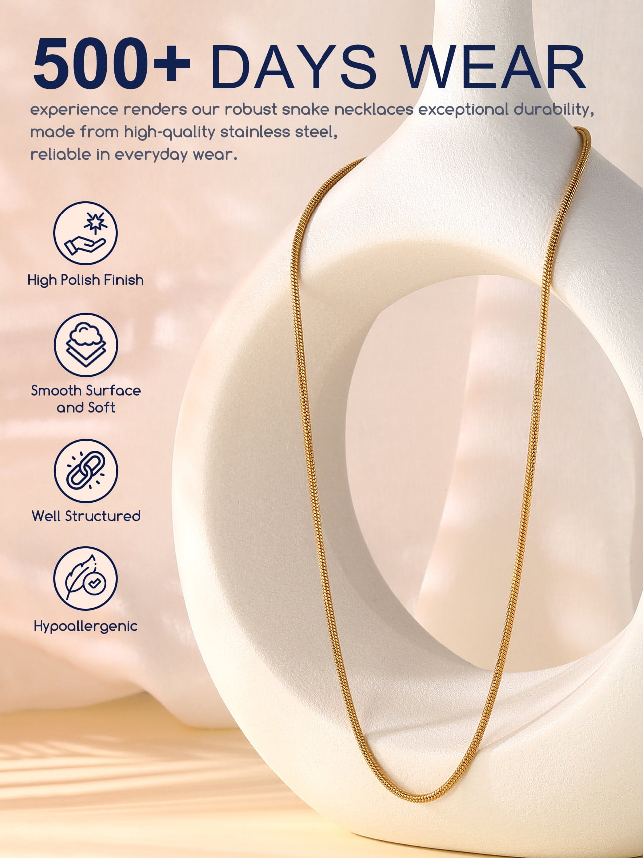 Suplight 2mm Polished Round Snake Chain Necklace for Pendants 14K Gold Plated Stainless Steel