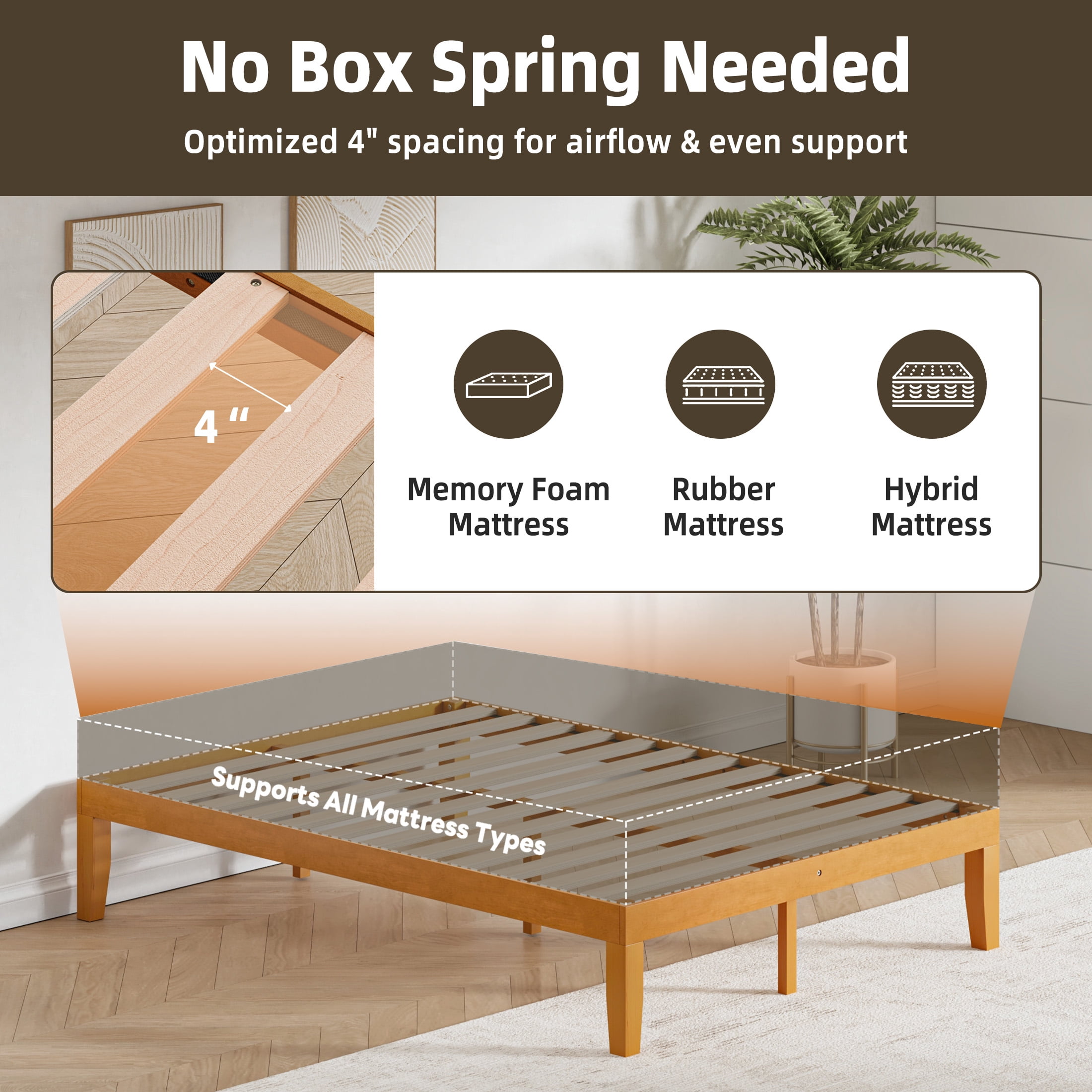 Gianna Full Size Wood Platform Bed Frames 16 Inch No Box Spring Need, 500 LBS Capacity, Noiseless, Honey Finish