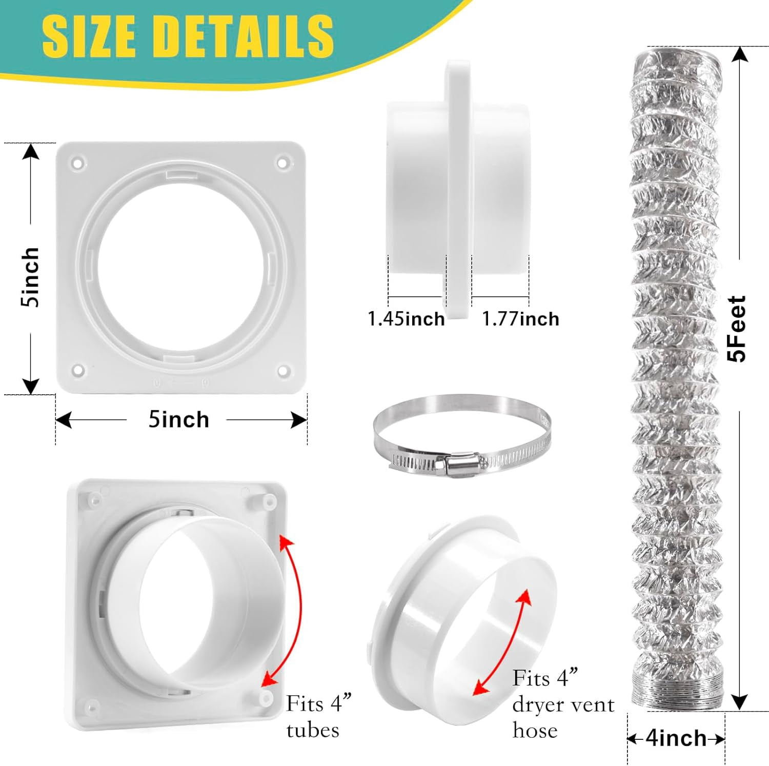 Dryer Vent Hose Connector Kit - Dryer Vent Wall Plate with Hose - Dryer Duct Connector with Quick Connect & Disconnect Dryer Dock Connector (Dryer Vent Connector with 4in-5ft Hose)