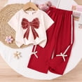 thumbnail image 2 of JUMEYU Kids 2 Piece Short Sleeve and Pants Girls Ribbed Knit 2 Piece Outfit Set, Short Sleeve Top with Wide Leg Pants, Summer Casual Clothing Size 6-7 (Red,6-7 Years), 2 of 9