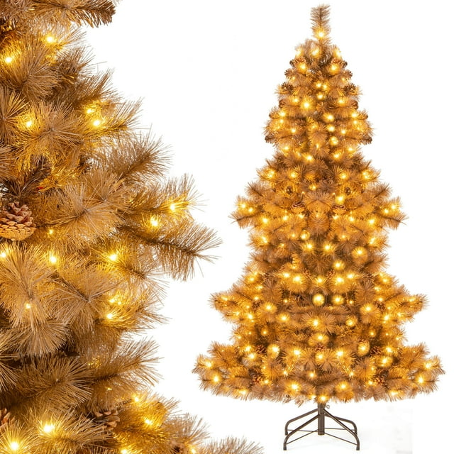 Costway 6 FT Artificial Christmas Tree with 200 LED Lights, 493 Branch Tips, 52 Pine Cones