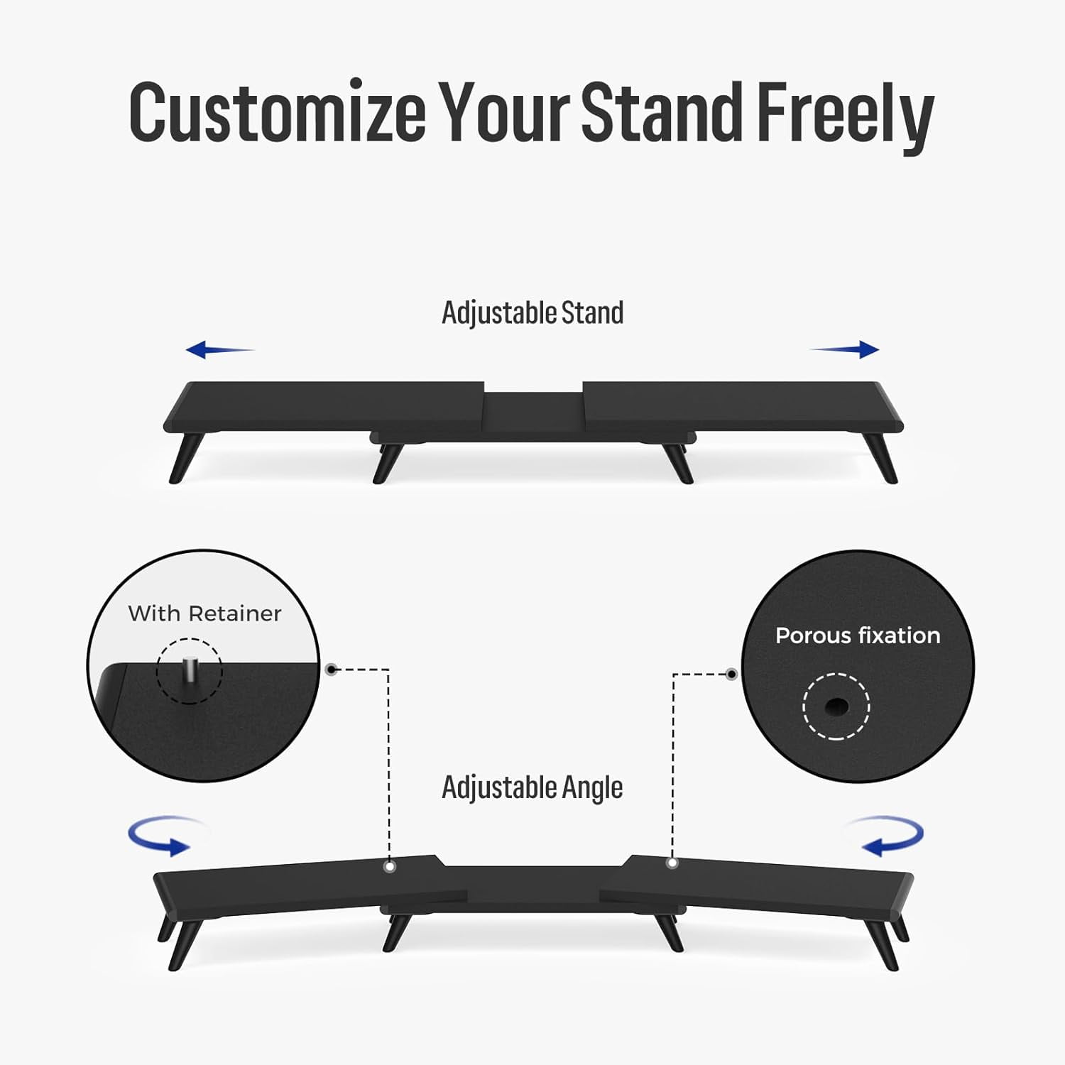 Dual Monitor Stand Riser for Desk, 43.6"*8.2"*3.2" Large Computer Stand for 2 Monitors, Laptop, Printer, Length and Angle Adjustable Computer Shelf, Home Office,Max 43.6" Length(Black)