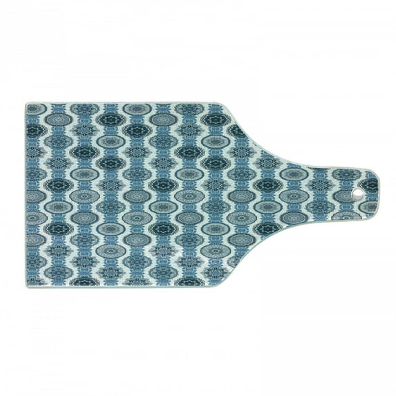 Ethnic Cutting Board, Monochrome Design Medallion Shape Oreitnal Motif in Vertical Order, Decorative Tempered Glass Cutting and Serving Board, in 3 Sizes, by Ambesonne