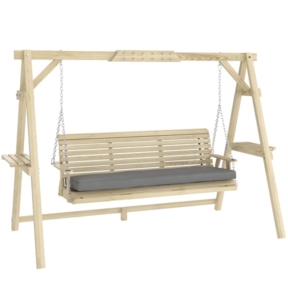 3 Seat Wooden Porch Swing with Stand, Patio Swing with Cushion, for Garden, Poolside, Backyard, Natural Wood