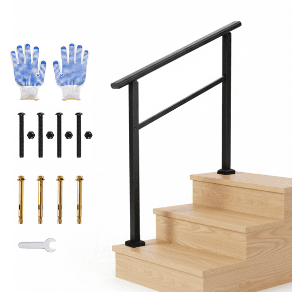 Main Courante en Métal – Ajustable pour 2 à 6 Marches – Rampe d'Escalier de Terrasse Noire – Porche, Extérieur et Intérieur – Trousse d'Installation Bricolage