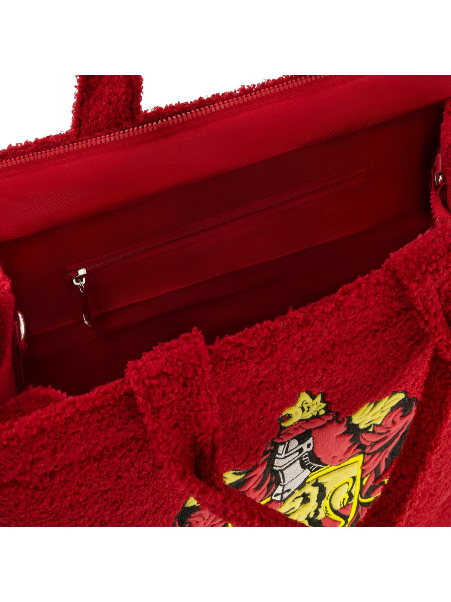 Harry Potter Tote Bag, Gryffindor Crest Faux Fur Travel Handbag with Adjustable Shoulder Strap and Trolley Sleeve, Red