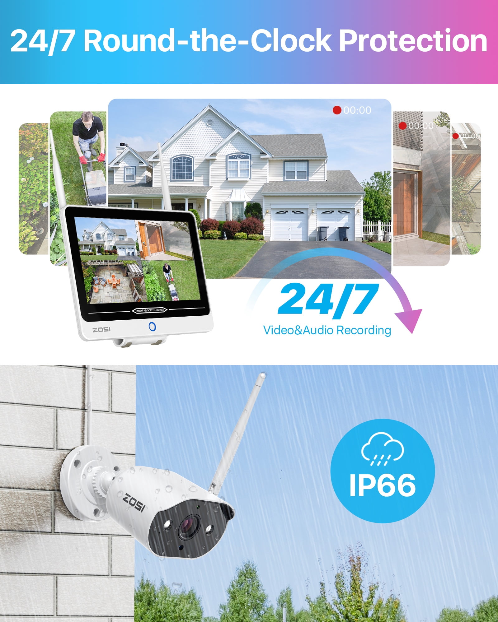 3MP WiFi Security Camera System with 12" LCD Monitor, ZOSI All in one Wireless Security Camera System, 2K Outdoor Wifi Cameras, 2 Way Audio, 100ft Night Vision, 2TB for Home Business 24/7 Recording
