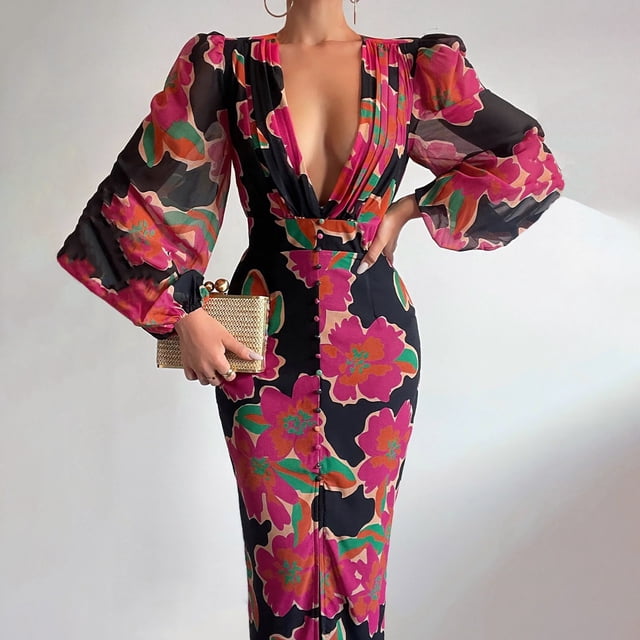 FcBaudy Robe à Manches Longues à Col en V, Robes d'Été pour Femmes, Robes pour Femmes Mode Femmes Imprimé Décontracté Col en V Manches Longues Robe de Vacances Robe Femme