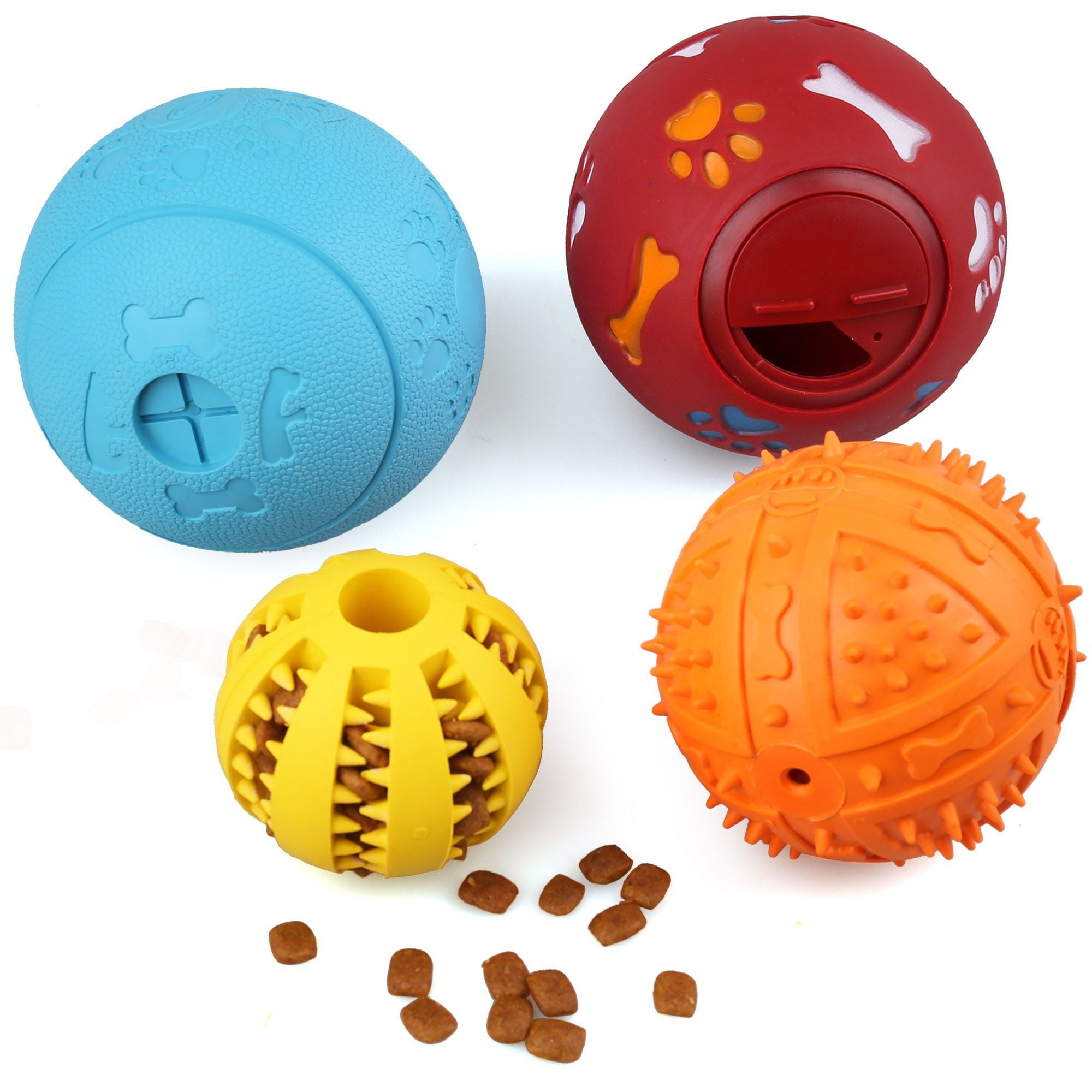 PrimePets Dog Treat Ball, 4 Pack Interactive Food Dispensing Puppy Puzzle  Toy, Non-Toxic, Natural Rubber, for Tooth Cleaning, IQ Training, Chewing