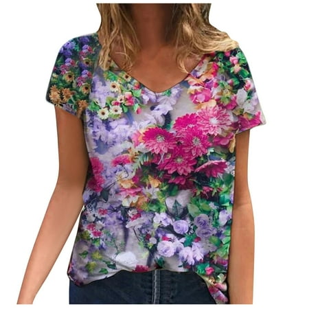 

Womens Floral Printed T-Shirts All Over Graphic Short Sleeve V-Neck Casual Summer Tops Flower Pattern Tee Shirt Blouse