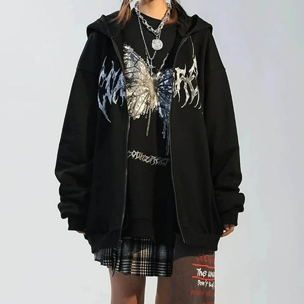 Puntoco, cárdigan de felpa con estampado de mariposa y letras y cremallera con capucha para mujer, suéter, abrigo/chaqueta informal de manga larga con capucha para mujer Puntoco Puntoco-1312