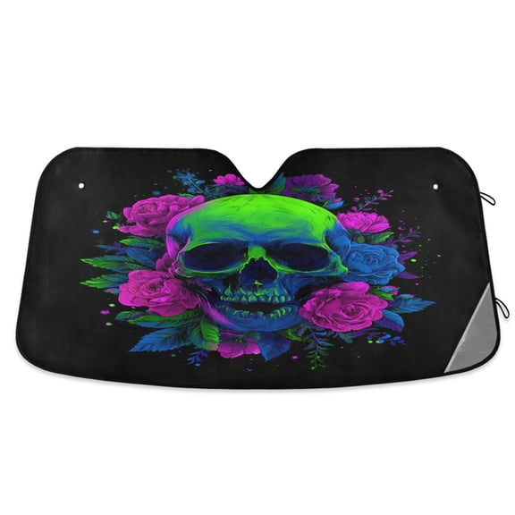 Foldable Car Windshield Sunshade UV Sun Visor Protector Blocks UV Rays Keeps Vehicle Cool 53x23.5 Inch Neon Rose Skull Design
