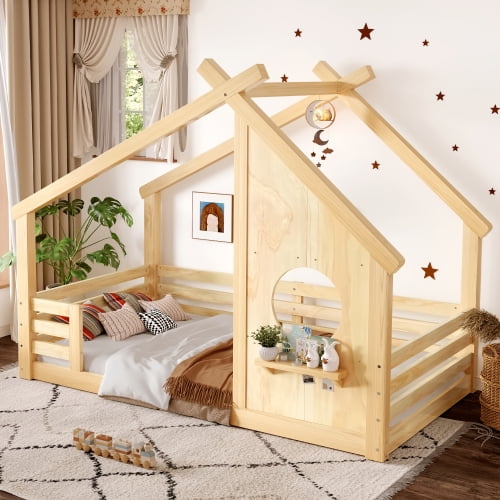 Bellemave Twin House Floor Bed with Window and Shelf, Solid Wood Montessori Bed with Roof, Low to Ground House Bed with High Fence for Bedroom, Natural