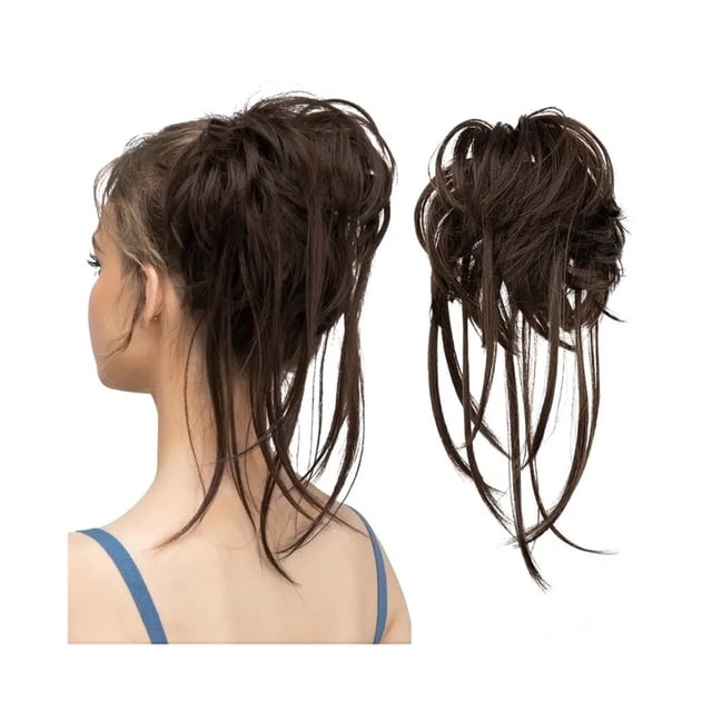 Messy Bun Hair Piece Wave Curly Hair Bun Extensions with Straight Tails Synthetic Ponytail Hairpieces