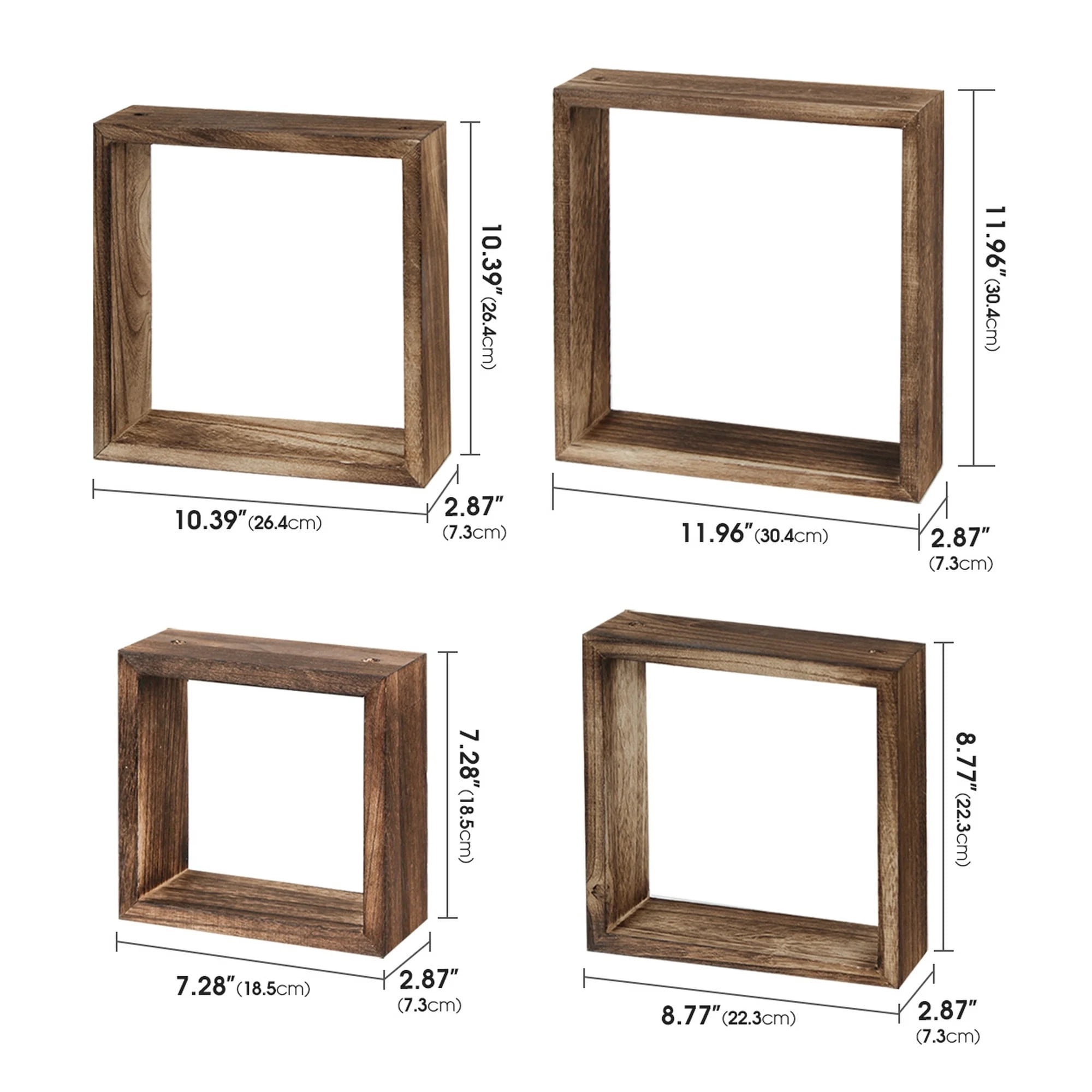 TEAFIRST Set of 4 Floating Hanging Square Shelves, Wall Mounted Rustic Wood Shelf for Living Room