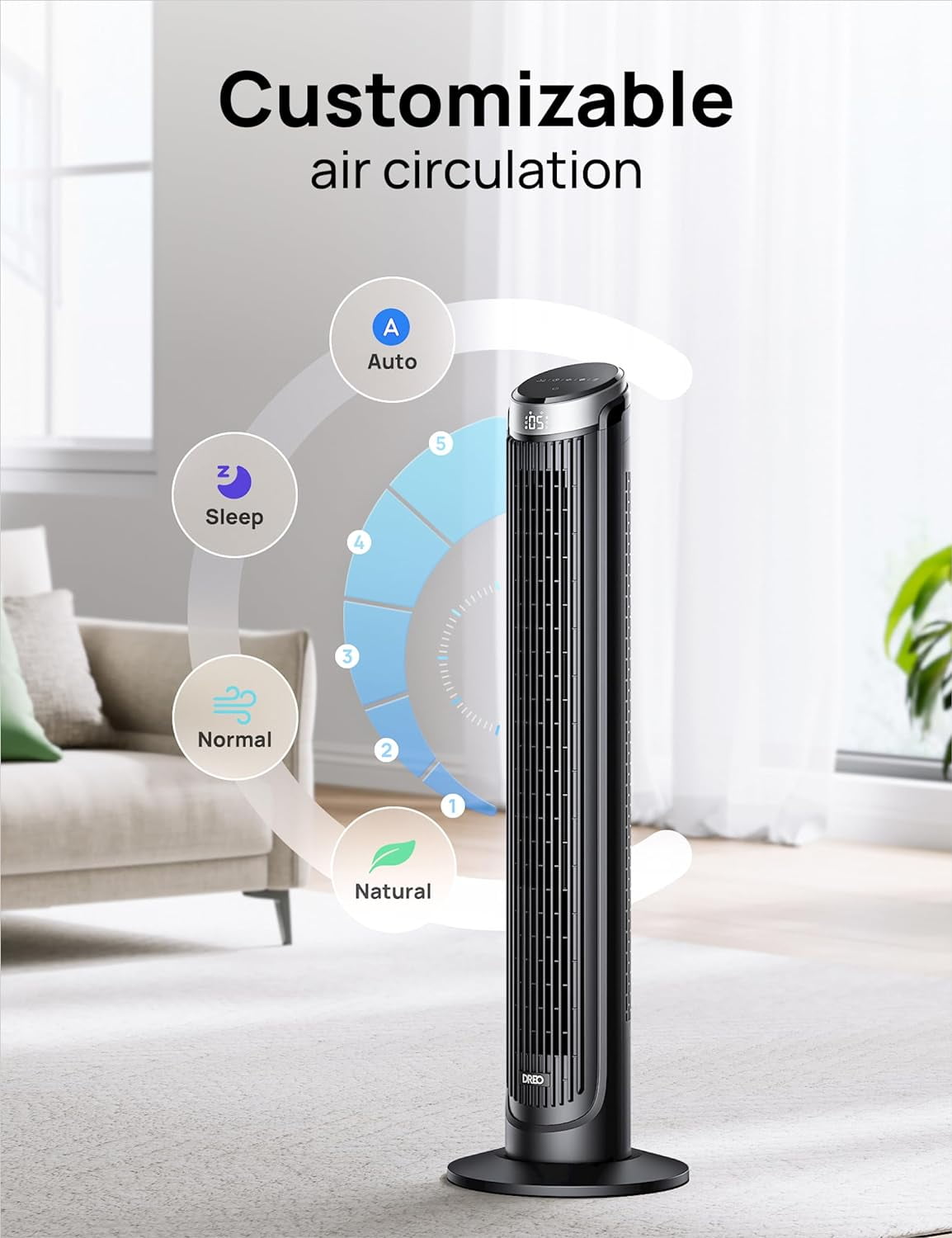 DREO Tower Fans for Bedroom, 90° Oscillating Fans for Indoors, 4 Modes ,5 Speeds ,Max 26Ft/s, 12H Timer, LED Display with Touch, Remote Control, 40" Quiet Bladeless Standing Floor Fan for Home Office