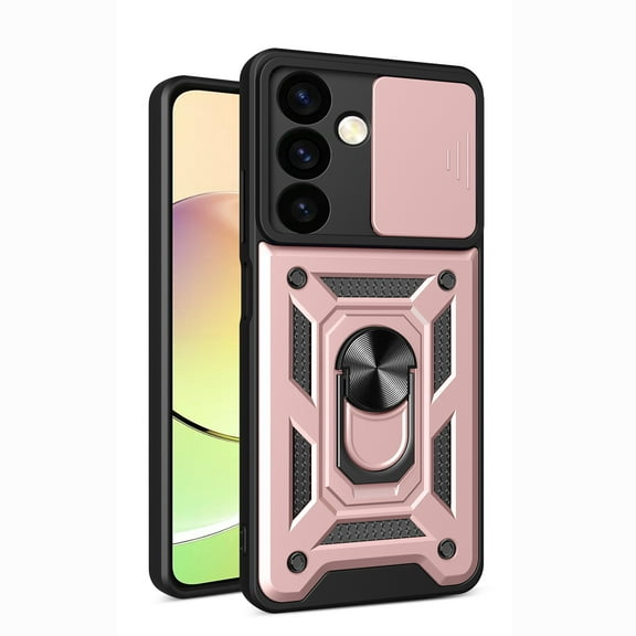 Heavy Duty Case for Samsung Galaxy S25 with Ring Holder Kickstand & Camera Lens Sliding Cover, Hybrid Shockproof Case Support Magnetic Car Mount for Samsung Galaxy S25, Rosegold