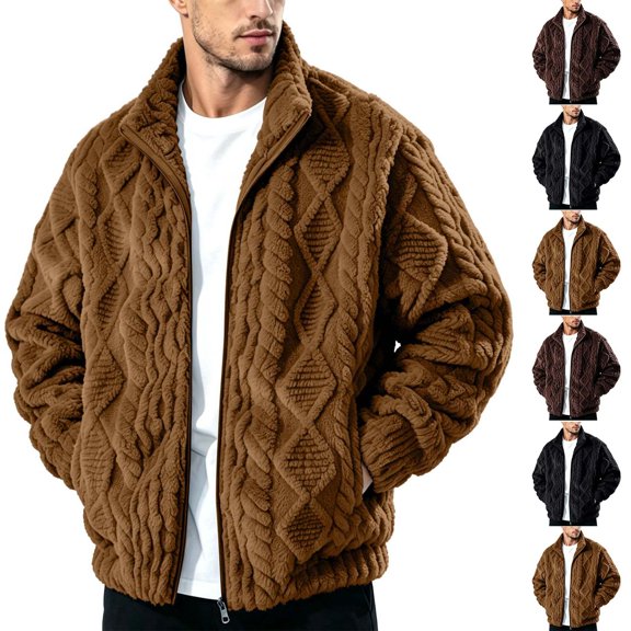 Ceisia Men Diamond Textured Fuzzy Fleece Full Zip Stand Collar Jacket Warm Long Sleeve Loose Outerwear Coat For Fall Winter Gift