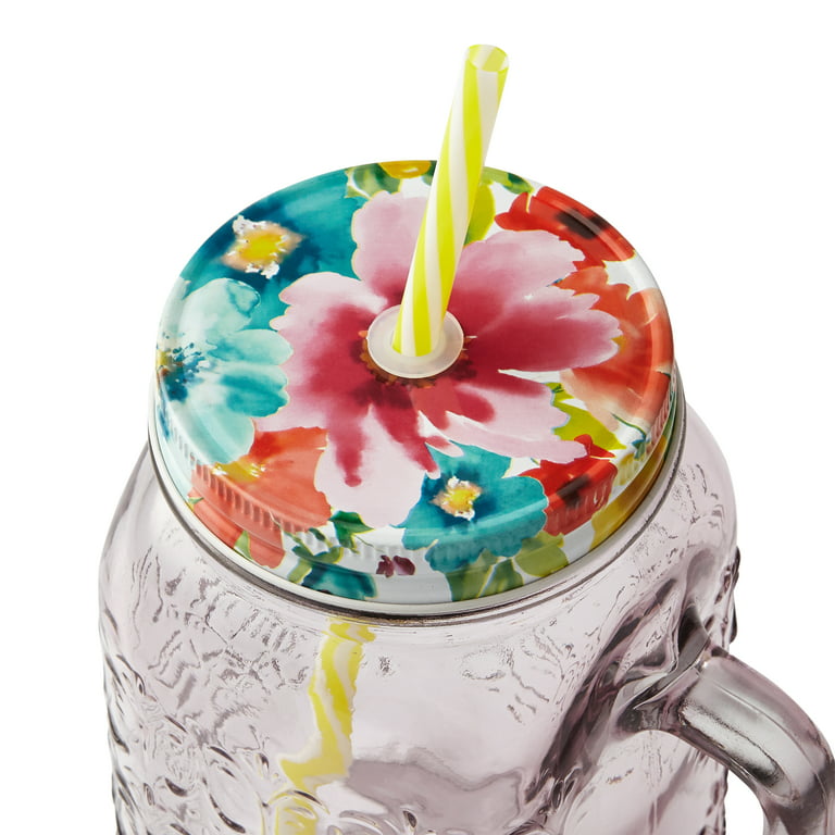 Flower Theme Glass Straw Cup Set ( Glass Cup + Mason Jar Lid +