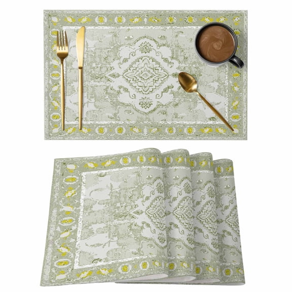 Sage Green Placemats Set of 8, Boho Retro Decorative Abstract Floral Ethnic Placemats for Dining Table, Place Mats for Kitchen Tabletop, Waterproof Wipeable Dining Table Mats Set