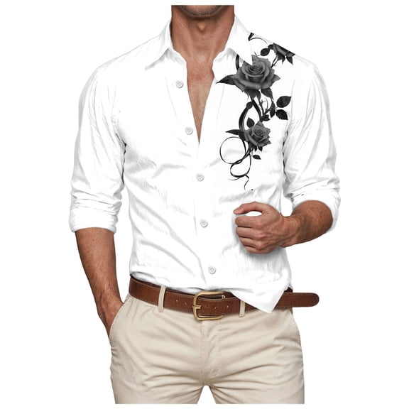 ZTKWD Mens Shirts Rose Floral Printed Slim Fit Long Sleeve Button Down Dress Shirts