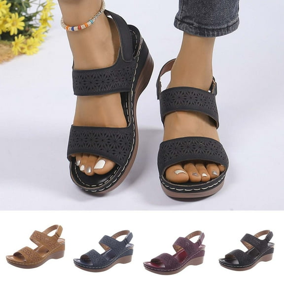 Sandals for Women 2025, Xunlbb Women's Spring And Summer New Large Size Hollow Flower Wedges Beach Fashion Casual Beach Sandals(Black,Size:36)