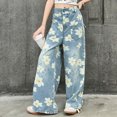 thumbnail image 2 of TOWED22 Girl's Floral Baggy Wide Leg Jeans Y2K Zipper Fly Washed Denim Pants with Pockets,Navy,9-10 Y, 2 of 7