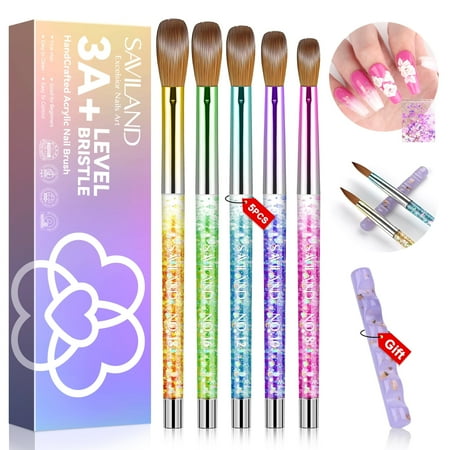 Saviland 5Pcs Acrylic Nail Brushes Kit - Nail Art Brushes Set with Nail Sequins Acrylic Brush Holder for Acrylic Nail Extension Nail Carving Professional Nail Supplies(Size:8#10#12#16#18#)