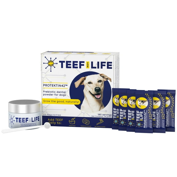 TEEF for Life Protektin42 - Prebiotic Dental Powder for Dogs, Daily Dental Care, Clinically-Proven Formula Naturally Freshens Breath and Supports Dental Health, Kit with 180 Servings