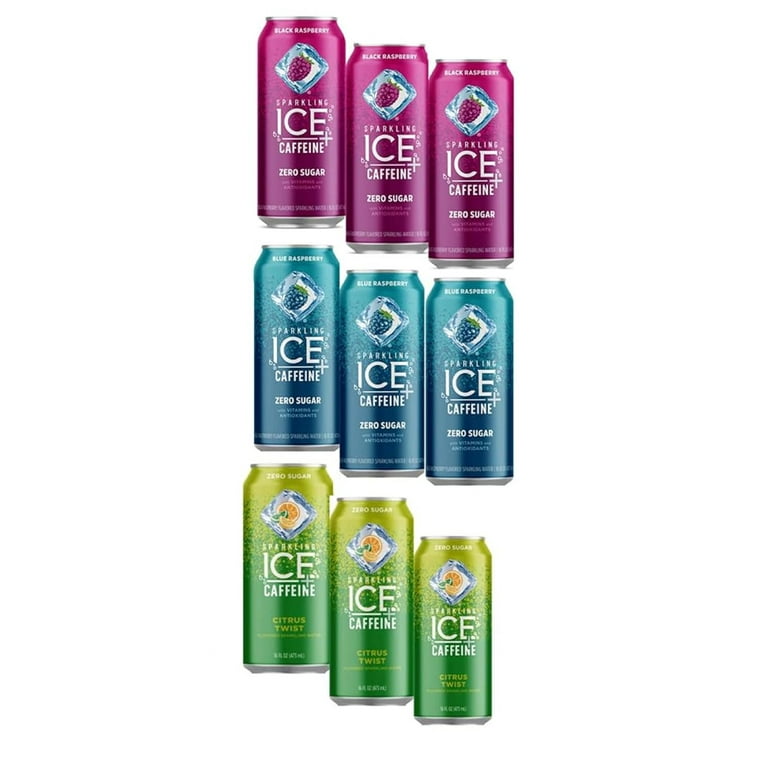 Sparkling Ice +Caffeine Zero Sugar Flavored Sparkling Water with Vitamins  and Antioxidants, Variety Pack - Black Raspberry/Blue Raspberry/Citrus  Twist, 16 FL Oz Can (Pack of 9) 