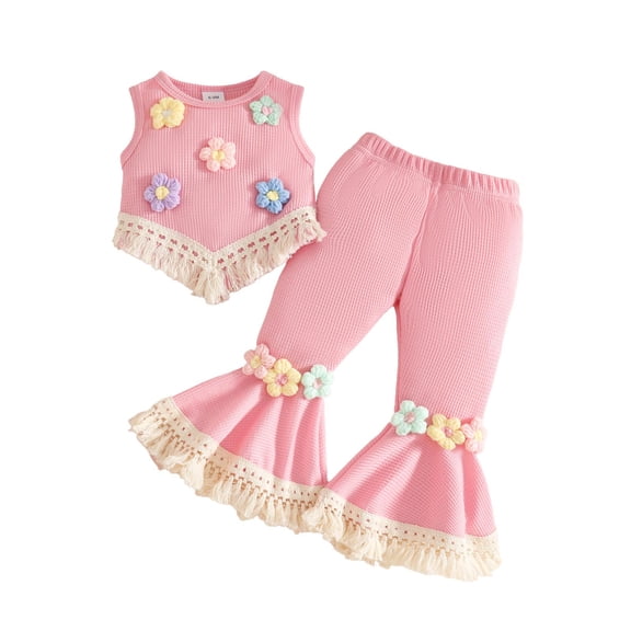 JAJAHO Toddler Baby Girl Clothes 2 Piece Outfits Sleeveless Floral Tassels Tank Tops Flared Pants Kids Girl Summer Fashion Clothing Set Soft Outfit