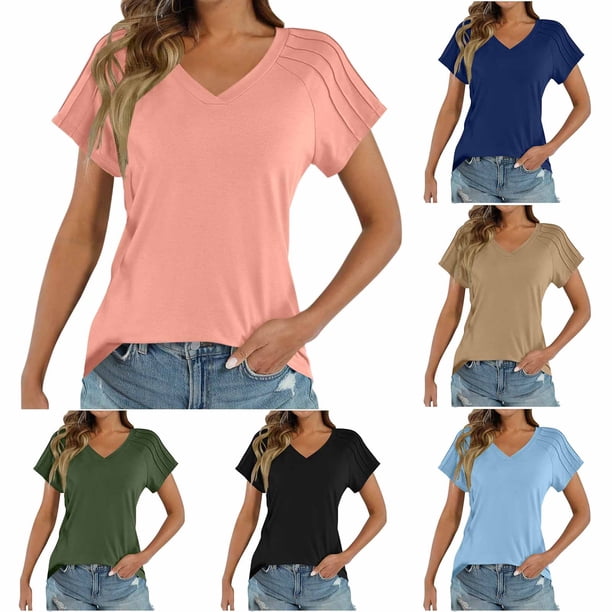 Pantalones deportivos para mujer,Suéter informal de manga corta con cuello en V para mujer, top de poliéster de color liso, cómodo para uso diario en casa, sopatenor