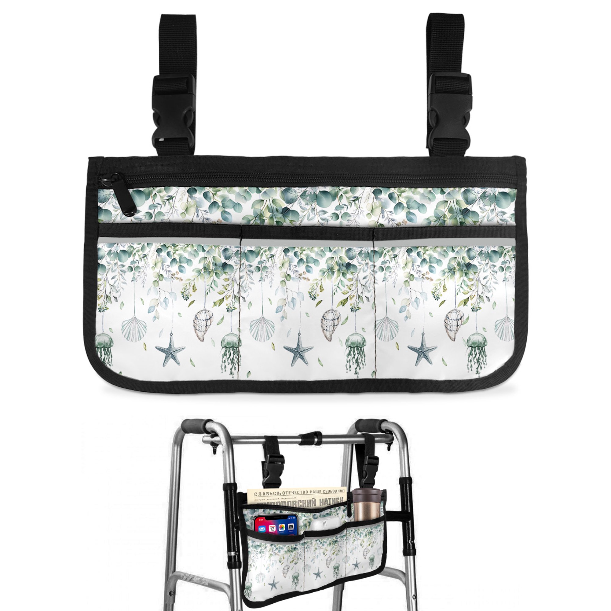 Teal Eucalyptus Coastal Wheelchair Side Bag Walk Bag Basket, Beach Starfish Shells Wheelchair Accessories Armrest Pouch, Organizer Storage Bags for Walkers, Rollators, Scooters, 7.3"x13"