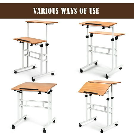 Costway - Mobile Standing Desk Height Adjustable Sit Stand Workstation Stand Up Desk 2in1 - White/Natural