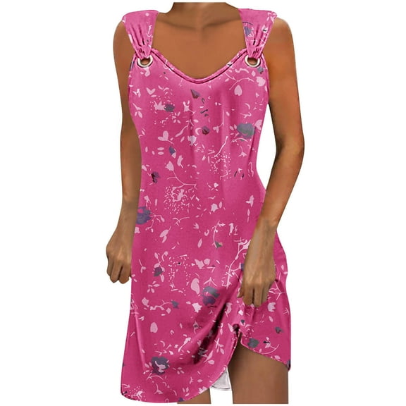 Honeeladyy Mini Dresses for Women Summer Sleeveless Print Beach Dress A Line Strap Vacation Sundresses Pink M